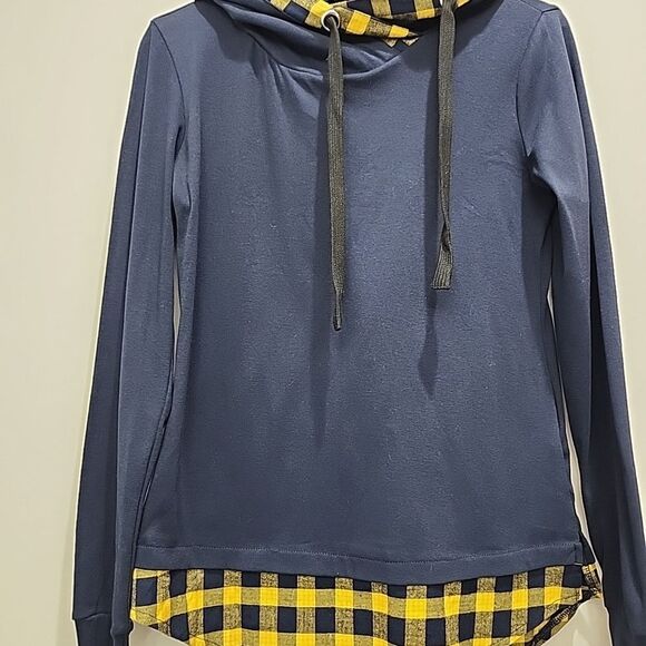 DJT Women's New Plaid Trim Hoodie‎ Size Medium Long Sleeve Pullover Navy Yellow - Picture 3 of 6